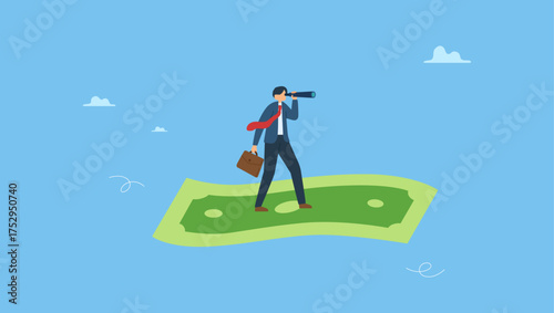 Smart businessman riding flying banknote money using telescope to see future. Investment opportunity, visionary to make profit or financial growth.
