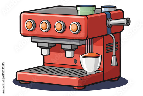 Red coffee machine is pouring liquid into a cup beneath it