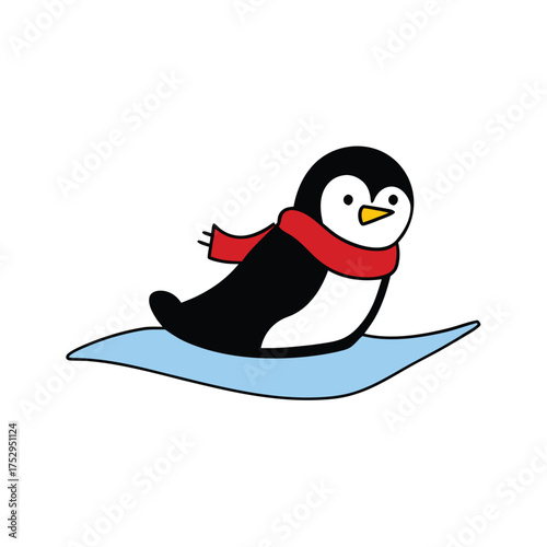 Chubby penguin sliding on ice with a scarf on a white background