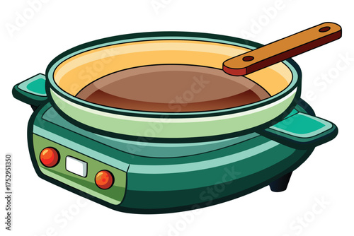 Green electric fondue pot with brown liquid and a wooden fork sits