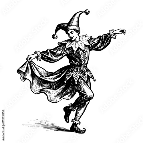 Court Jester Fool Figure Engraving Vector Illustration