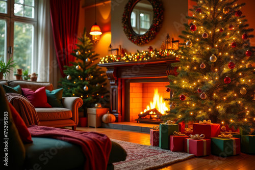 Elegant Christmas living room interior with decorated fir tree and gifts