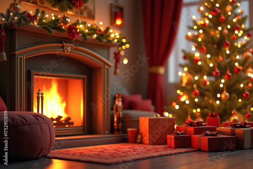 Cozy living room with fireplace and Christmas tree decorated with lights