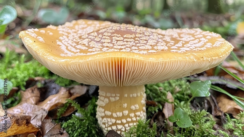 Fototapeta premium Amanita muscaria mushroom with yellow cap and white warts in forest.