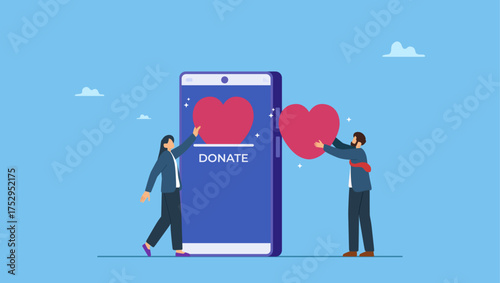 Man and woman put heart shape into mobile donation app. Charity donation, donate online with care to help and support people, giving money or volunteer, mobile social app to help other people.