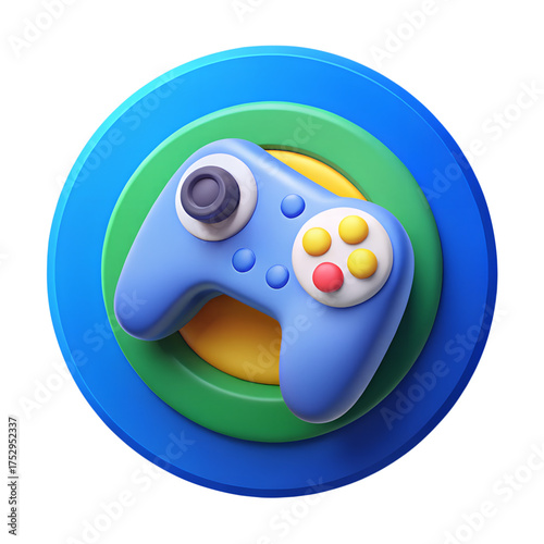 3D game controller icon with blue body colorful buttons and joystick on layered green blue yellow circular background isolated