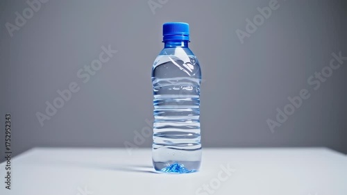 A clear plastic bottle filled with water, placed on a white surface against a gray backdrop