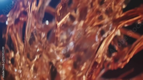 Abstract, dynamic image of interwoven, fluid structures with varying shades of amber, brown, and reflections