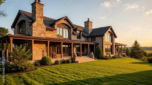 The luxury home exterior glows at sunset, showcasing its meticulously manicured lawn and elegant stone facade, perfect for real estate or architectural designs