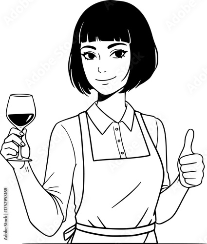 a waitress, Bob cut, wearing an apron and holding a wine glass
