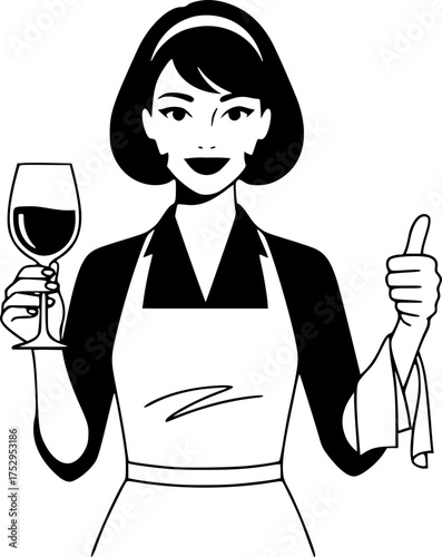 a waitress, Bob cut, wearing an apron and holding a wine glass