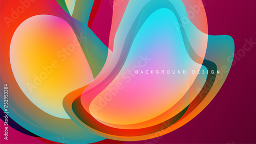 Abstract colorful shapes overlap, creating dynamic visual effect. Bright gradients blend, forming fluid forms against dark backdrop.