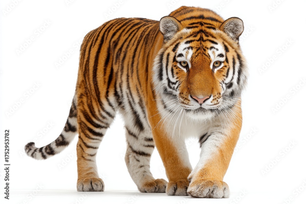 Obraz premium Majestic Tiger Walking on White Background