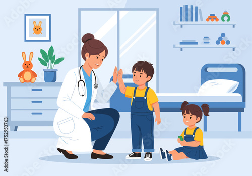 Pediatric healthcare concept with a doctor and two children