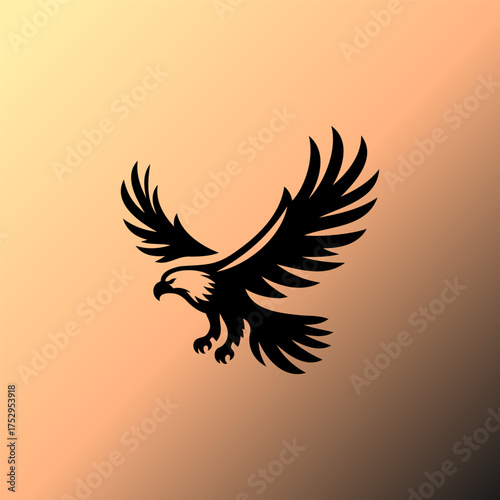 Powerful Spreading Wings Eagle Silhouette Vector Logo Design with Gold Gradient Background