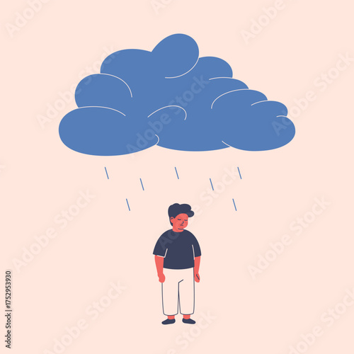 Depressed child under rainy clouds. Sad boy suffers from autism, anxious disorder, burnout, emotional pressure or bullying. mental health vector illustration