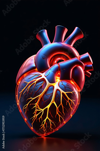 A detailed anatomical illustration of the human heart, showing its internal structure chambers, vessels, and muscle fibers
