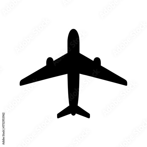 Silhouette of a passenger airplane seen from above a simple white backdrop ready for travel