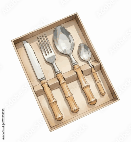 Bamboo Handle Cutlery Set isolated watercolor vector illustration svg