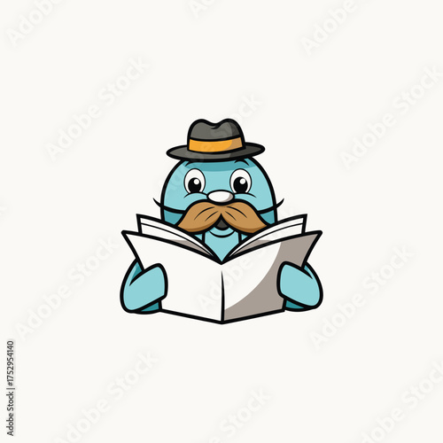 A walrus with a moustache reading a newspaper on a white background