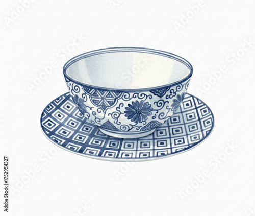 Porcelain and Pigment Blue and White Porcelain Teacup isolated watercolor vector illustration svg
