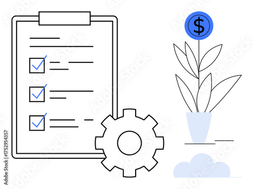 Checklist with ticked tasks, gear symbolizing process, and thriving money plant represent productivity, growth, and financial planning. Ideal for business, strategy, goals, innovation success