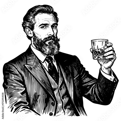 Bearded Gentleman with Whiskey Glass Engraving Vector Illustration