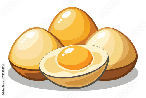 Shiny cooked eggs in a pile with one sliced egg showing the yolk clearly