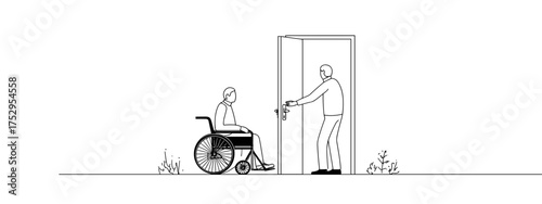 Assisting a person in a wheelchair at a door