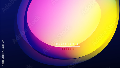 Abstract vibrant layers create flowing shapes. Pink, yellow, blue hues blend into dark background. Modern design element.