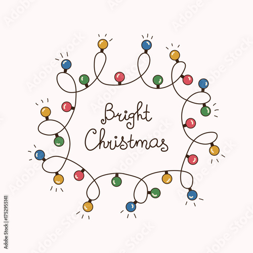 Festive square card with hand drawn garland frame and typography Bright Christmas in doodle style on white backdrop. Flat vector illustration. Perfect for social media, invitation, cover, background