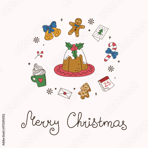 Christmas square card with drawing festive cake, bells, gingerbreads, letter and text in doodle style on white backdrop. Flat vector illustration. Ideal for social media, cover, print, invitation