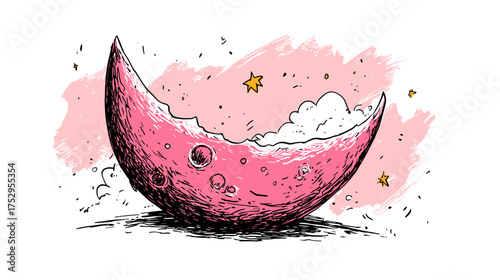 Illustration of a Detailed Moon Surrounded by Stars in a Dark Night Sky