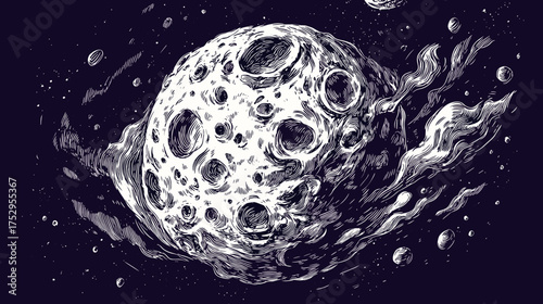  Illustration of a Detailed Moon Surrounded by Stars in a Dark Night Sky