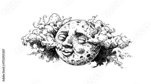  Illustration of a Detailed Moon Surrounded by Stars in a Dark Night Sky