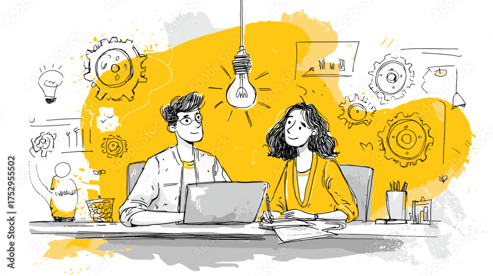 Obraz premium Creative Business Team Engaged in Innovative Brainstorming Session with Digital Technology Elements