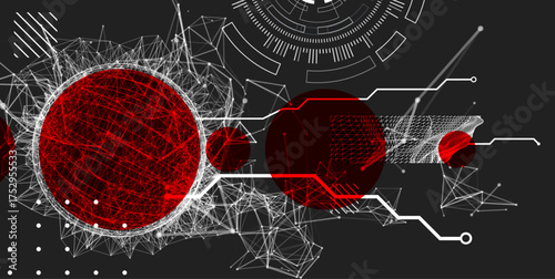 Technological art. Combination of sphere with technological lines and circles in one illustration. Vector.