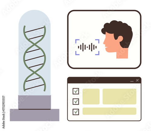 DNA strand in a tube, voice recognition with sound waves, and a checklist interface. Ideal for technology, science, genetics, artificial intelligence, communication biometrics innovation. Simple