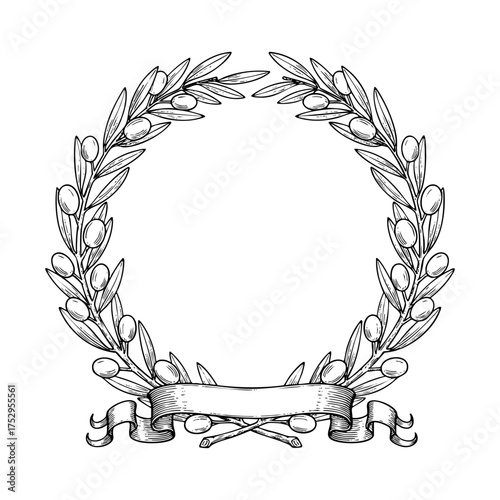 Olive Wreath Laurel with Ribbon Engraving Vector Illustration