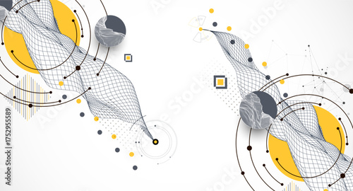 Abstract composition with wireframe wave, dots, and lines. Vector.