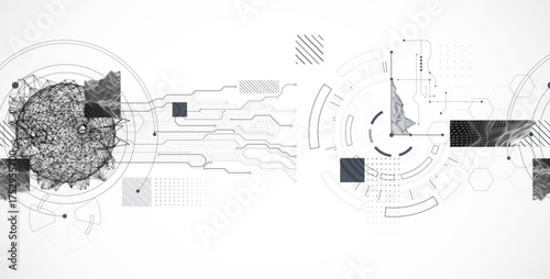 Technological art. Combination of sphere with technological lines and circles in one illustration.