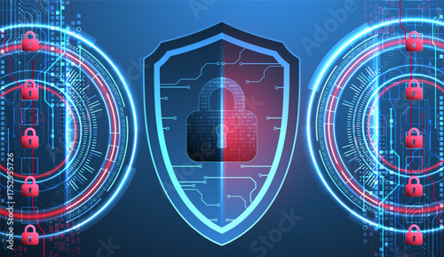 Abstract technological background on the topic of information protection. Various technological elements with padlocks inside which is a digital code.