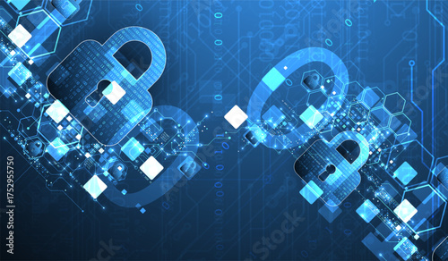 Abstract technological background on the topic of information protection. Various technological elements with padlocks inside which is a digital code.