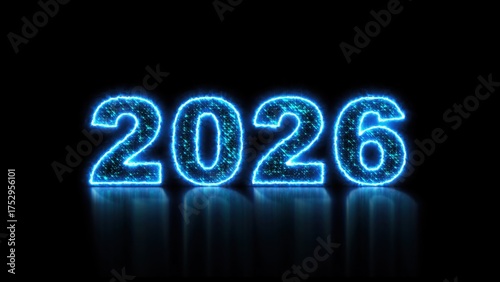 2026 glowing neon technology text. Computer generated 3d render