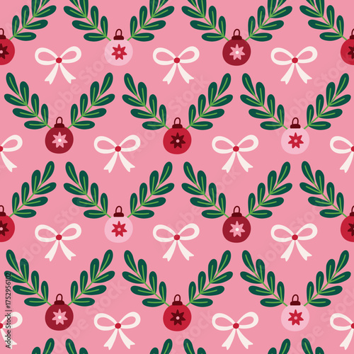 Christmas seamless pattern with balls, branches, bows and stars on pink background. Perfect for wallpaper, gift paper, greeting cards. Vector hand drawn illustration