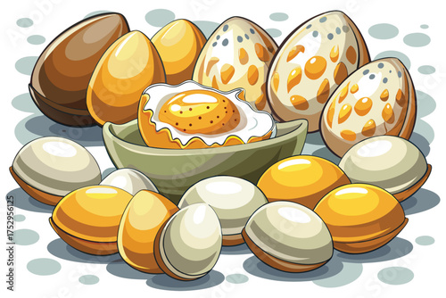 Assorted eggs with one fried egg presented in bowl, featuring various colors and textures