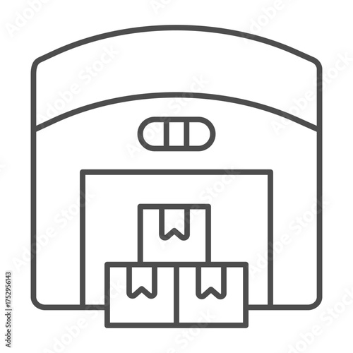 Warehouse with goods boxes thin line icon, cyber monday concept. Vector graphics. Garage and product packages, building sign on white background, outline style icon for mobile or web design.
