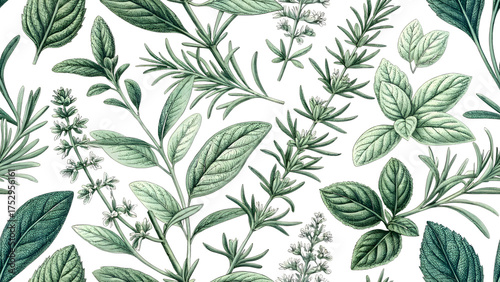 Rosemary, Thyme and Sage Botanical Engraving Herb Pattern