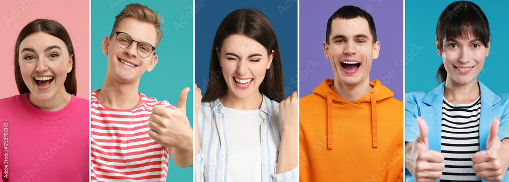 Obraz premium Winner. Happy people celebrating victory on colorful backgrounds