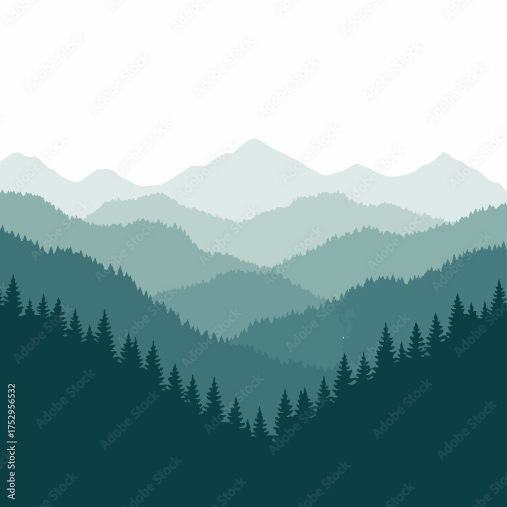 Fototapeta premium Abstract vector illustration of layers of green misty mountains and pine forest on a white background, nature's serene landscape design